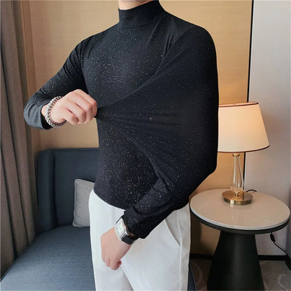 saferido  Brand Clothing Men Spring High Quality Turtleneck Pullover T-Shirts/Male Slim Fit Sequins Decoration Long Sleeve T-Shirts