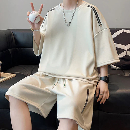 saferido Oversized Tracksuit Men New Korean High Street Fashion Zipper Design T-shirt Shorts Two Pieces Sets Mens Streetwear Men Clothes