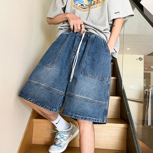 saferido Summer New High Street Casual Versatile Denim Capris Elastic Waist Men's Korean Style Loose Wide Leg Large Pocket Shorts