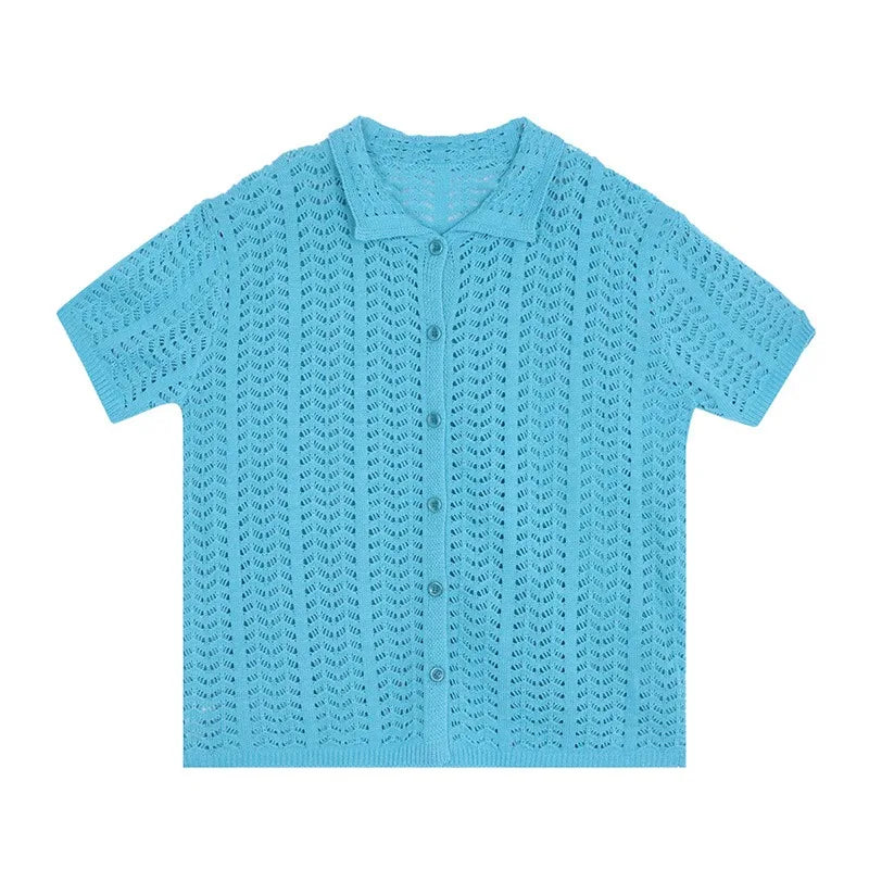 Men Korean Style Chic All-match Hollow Out Half Sleeves Streetwear Breathable Popular Males Knitwear Unisex Hip Hop New