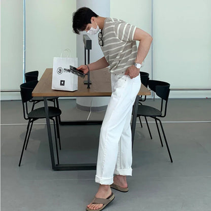 Men's Clothing Leisure Luxury Knitted T Shirt Fashion O Neck Striped Short Sleeve Tees for Men Korean Popular Knitwear Summer