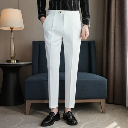 saferido British Style Men High Waist Dress Pants Autumn Solid Color Casual Trousers Slim Fit Formal Suit Pants Fashion Men Clothing 38