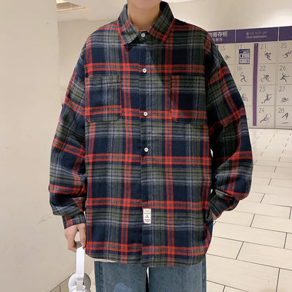 saferido Long Sleeved Shirt Men Oversized Fashion Retro Plaid Shirt Men Streetwear Loose Casual Shirt Mens Vintage Shirts Plus Size 5XL