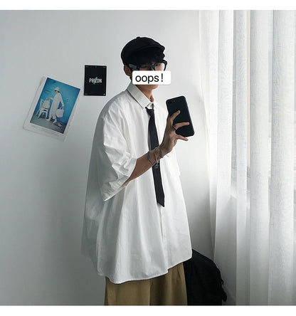 saferido       Summer New Fashion Loose Solid Shirts Men's  Casual Short Sleeve Shirts Turn-down Collar Clothing Blouses Tops Q02