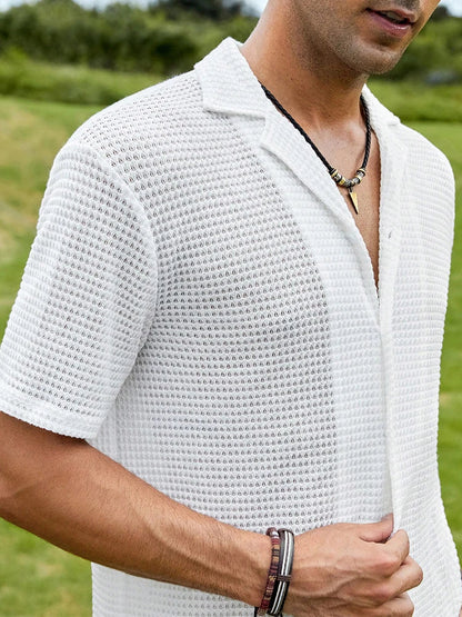 Summer New Casual Shirts For Men Fashion Solid Color Waffle Short Sleeve Shirt Vintage Mens Turn-down Collar Buttoned Shirt
