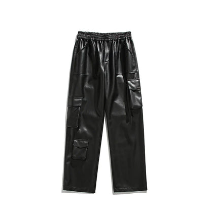saferido Black Leather Pants Men Oversized Retro Pocket Cargo Pants Men Streetwear Hip-hop Loose Wide Leg Pants Mens Motorcycle Trousers