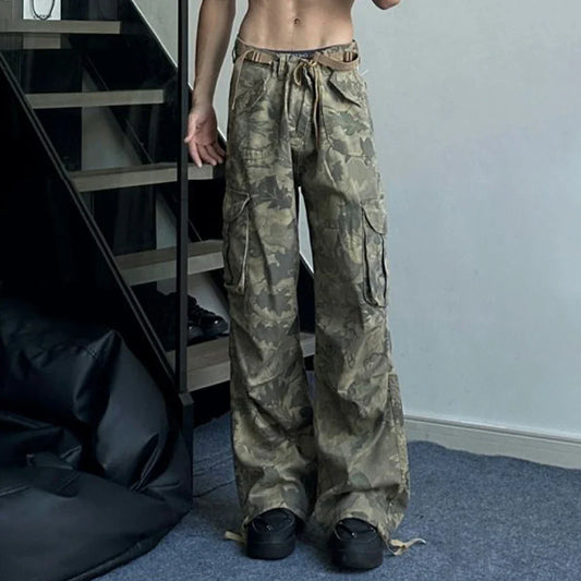 saferido Mens Y2k American Retro Pocket Camouflage Straight Pants Genderless Trendy Hip-Hop Workwear Style Loose Wide-Leg Pants Unisex