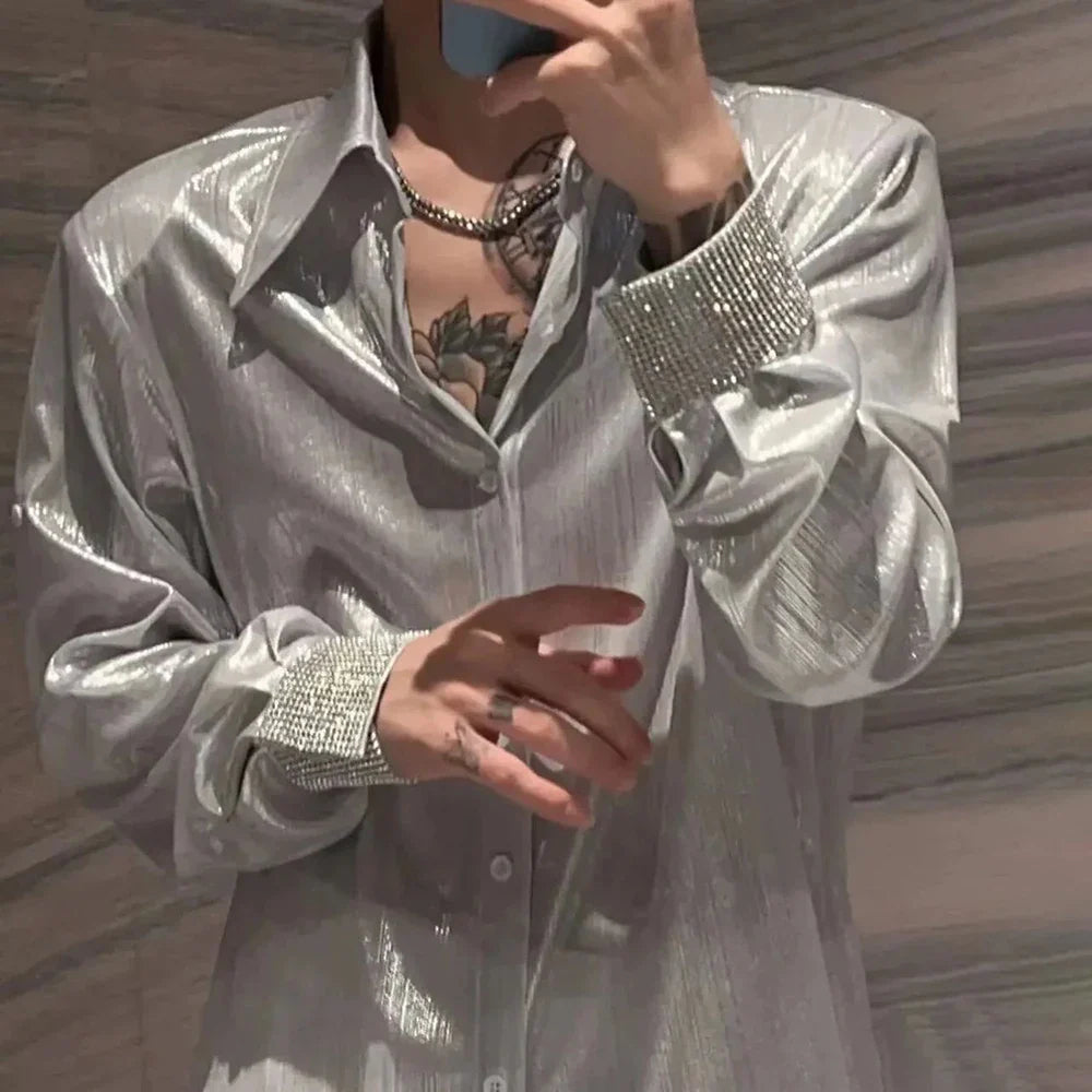saferido Mens Nightclub Shiny Personalized Non-Diamond Shirt Autumn Winter Genderless Korean Style Fashion Versatile Long-Sleeve Shirt