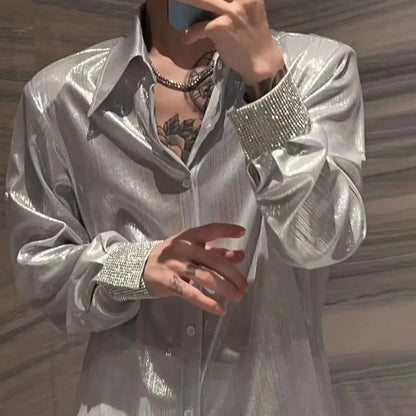 saferido Mens Nightclub Shiny Personalized Non-Diamond Shirt Autumn Winter Genderless Korean Style Fashion Versatile Long-Sleeve Shirt