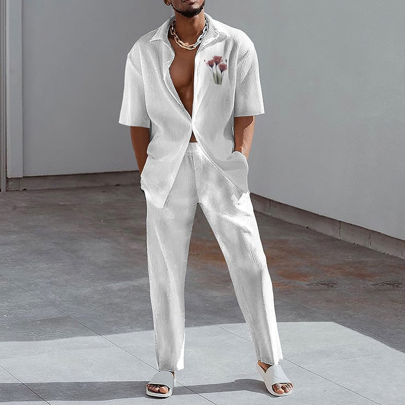 Fashion Print Two Piece Set Men Summer Short Sleeve Lapel Button Shirts And Straight Pants Suit For Mens Outfits Casual Clothing
