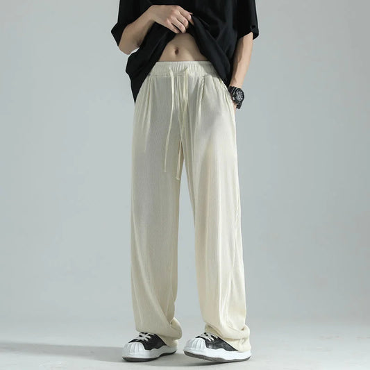 saferido Summer Pleated Pants Men Fashion Oversized Casual Ice Silk Pants Mens Japanese Streetwear Loose Straight Pants Mens Trousers