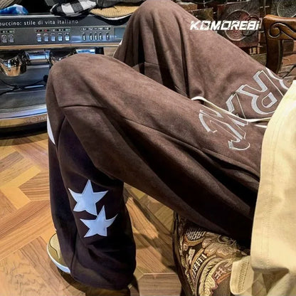 saferido Street American Vintage Print Star Casual Sports Pants Men Spring Autumn Pocket Elastic Waist Drawstring Loose Straight Trousers