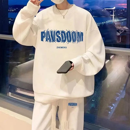 Men's Waffle Casual Suit O-neck Long Sleeve Print Letter Sweatshirts Sweatpants Autumn Tracksuit Plus Size Fashion Two Piece Set
