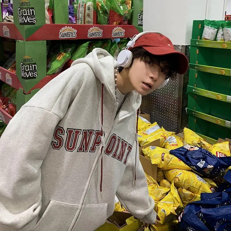 Autumn Men Zipper Hoodies Casual Loose Plus Size Coat 2023 Grey Oversized Pocket Outerwear Streetwear Harajuku Zip Up Sweatshirt