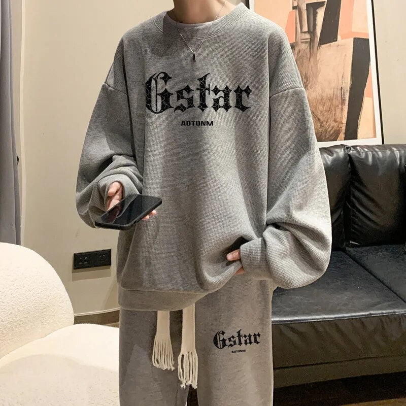 Men's Waffle Casual Suit O-neck Long Sleeve Print Letter Sweatshirts Sweatpants Autumn Tracksuit Plus Size Fashion Two Piece Set