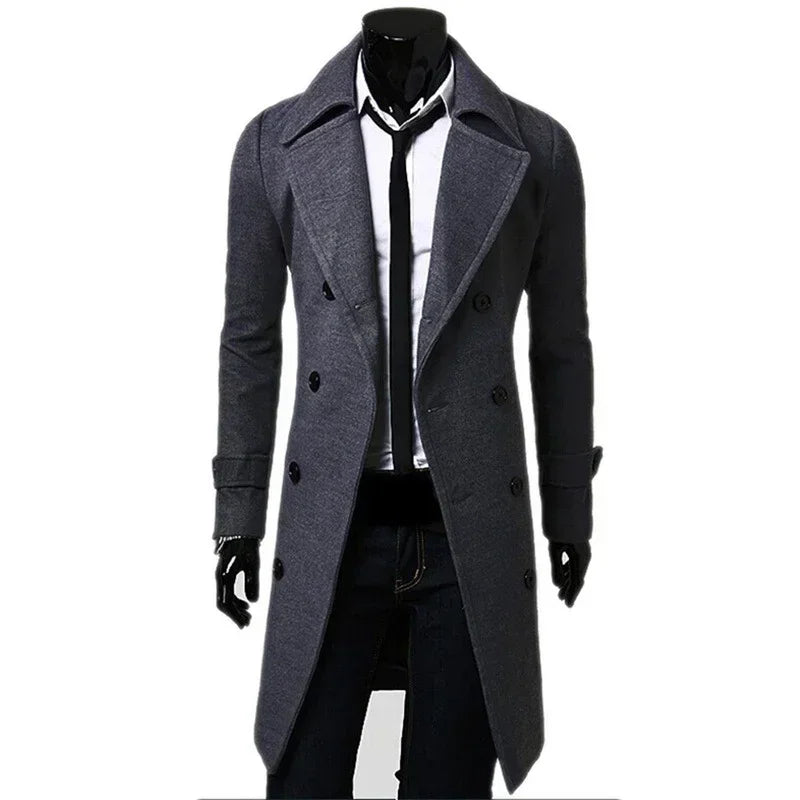 Men Double Breasted Trench Coat Autumn Winter Wool Blend High Quality Fashion Casual Slim Fit Solid Color Male Coat Jacket