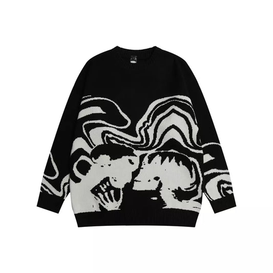 Lovers Print Spliced Streetwear Retro Pullover Men's Sweaters Round Neck Hip Hop Harajuku Knitted Autumn Clothes Oversized