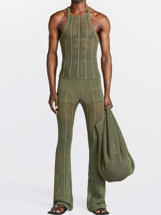 Streetwear Men Fashion Solid Knitted Outfit Summer Sleeveless Slim Tank Tops And Loose Pants Suit Mens Sexy Hollow Two Piece Set