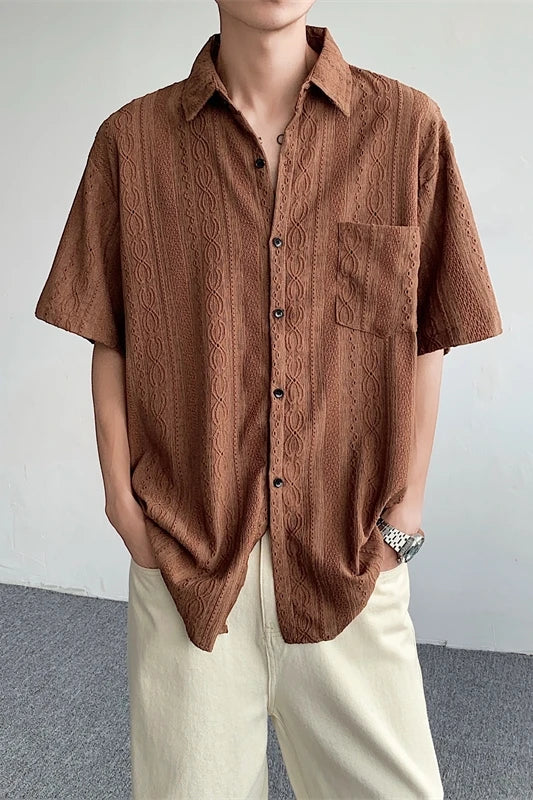 Korean Fashion Hollow Shirt for Men Summer Short Sleeve Button Trend Loose Niche Design Handsome Cotton Casual Shirts Men