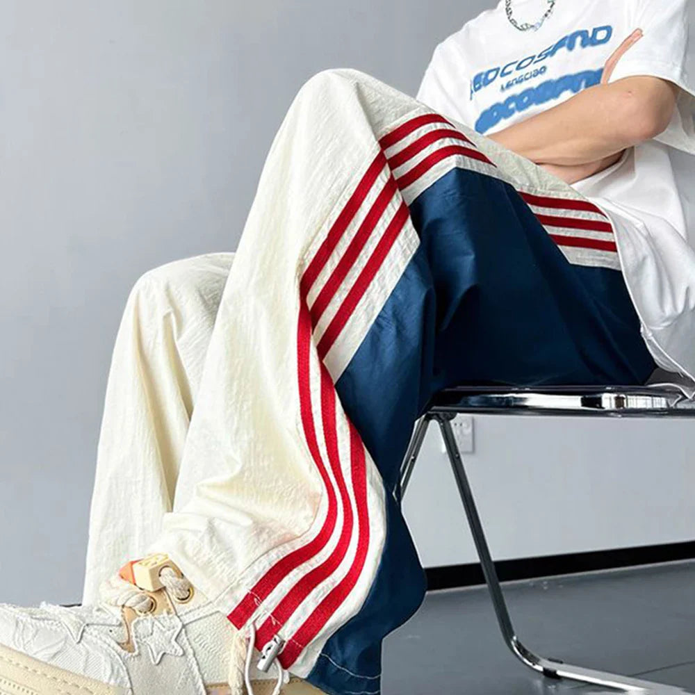 Men's Three Vertical Line Sports Pants Autumn Thin American Street Color Matching Loose Casual Striped Contrasting Color Pants