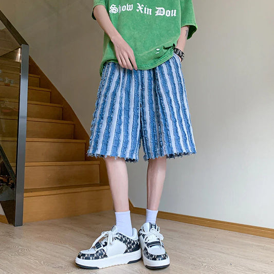 saferido Hip hop denim shorts American street style heavy industrial men's denim shorts New punk loose fitting fashion shorts Blue black
