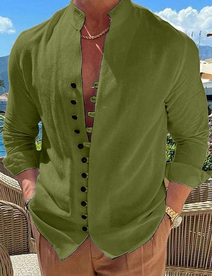 NEW Men's Solid Color Linen Long Sleeve Shirt Button Shirts Trend  vintage Stand Collar Casual Cotton Tops US-Size