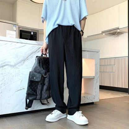 saferido Summer Pleated Pants Men Fashion Oversized Ice Silk Pants Men Japanese Streetwear Loose Straight Pants Mens Casual Trousers