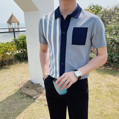 Korean style Men's Summer Leisure Ice Silk Knitting Polo Shirts/Male Slim Fit High Quality Casual Stripe Polo Shirt
