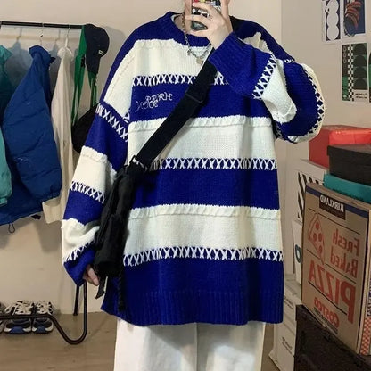 saferido Patchwork Striped Men's Knitted Sweater Blue Pullovers Punk Black Sweaters Male Oversize Korean Streetwear Hip Hop