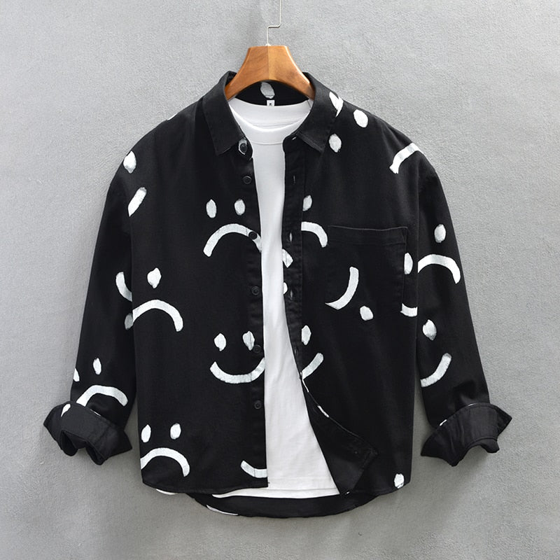 White Smiley Print Shirts for Men Long Sleeve Casual Shirt Pure Cotton Dress Shirt 40 Sticks