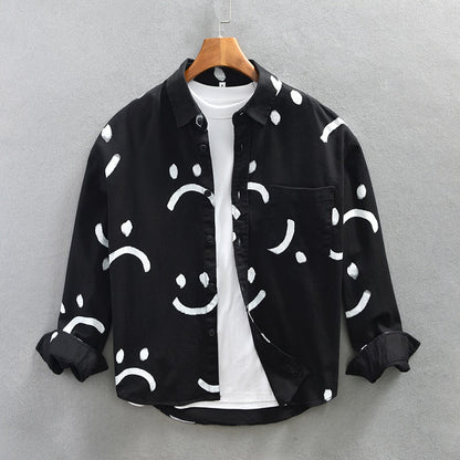 White Smiley Print Shirts for Men Long Sleeve Casual Shirt Pure Cotton Dress Shirt 40 Sticks