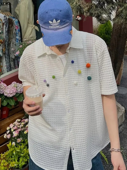 saferido Summer Men's Shirts New Chic Hollow Out Turn-down Collar High Street Youthful Popular Short Sleeve Japanese Harajuku Beach Style