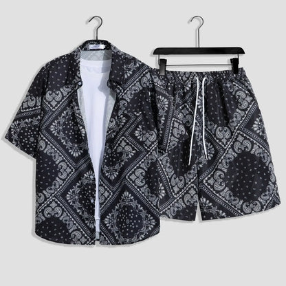 Mens Fashion Print Sets Short Sleeve Shirt+Shorts 2Pcs Suit Loose Summer Casual Beachwear Male Vacation Hawaiian Outfits