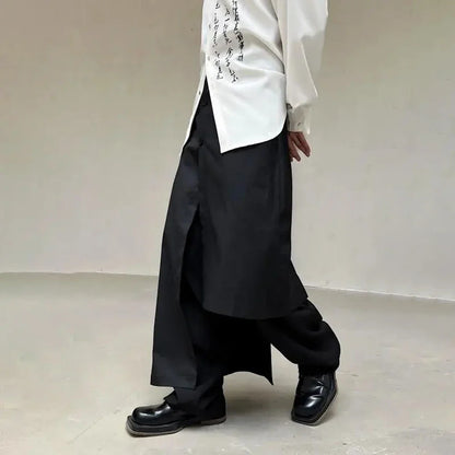 saferido Mens Japanese Double-Layer Irregular Splicing Culottes New Necessities Couple Lazy Style Retro Loose Wide-Leg Pants Unisex