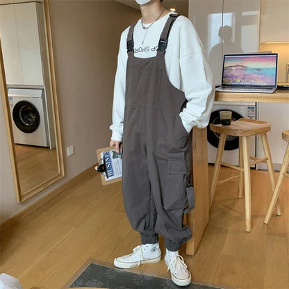 saferido Suspenders Jumpsuit Pants Men Summer Overalls Japanese Loose Straps Casual Pockets Unisex Oversize Streetwear Solid Man Clothing