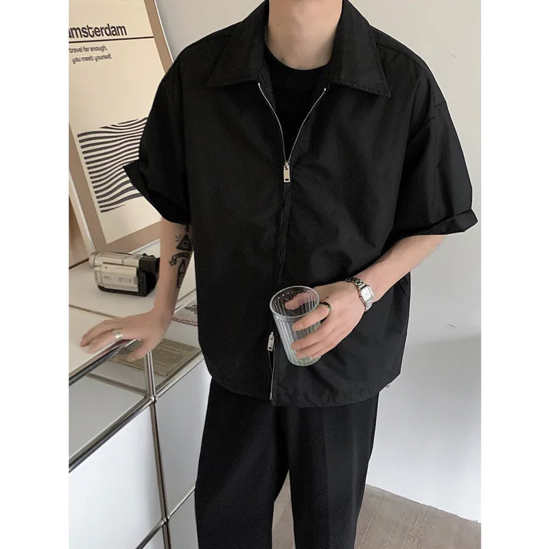 saferido Summer Short Sleeved Shirt Men Fashion Oversized Zip Shirt Men Korean Loose Black White Dres Shirts Mens Ice Silk Shirt M-2XL