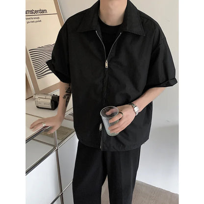 saferido Summer Short Sleeved Shirt Men Fashion Oversized Zip Shirt Men Korean Loose Black White Dres Shirts Mens Ice Silk Shirt M-2XL