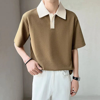 New High-end Korean Fashion Polo Shirts for Men Patchwork Waffle Lapel Buttons Short Sleeve T-shirt Men Summer Loose Polo Shirt