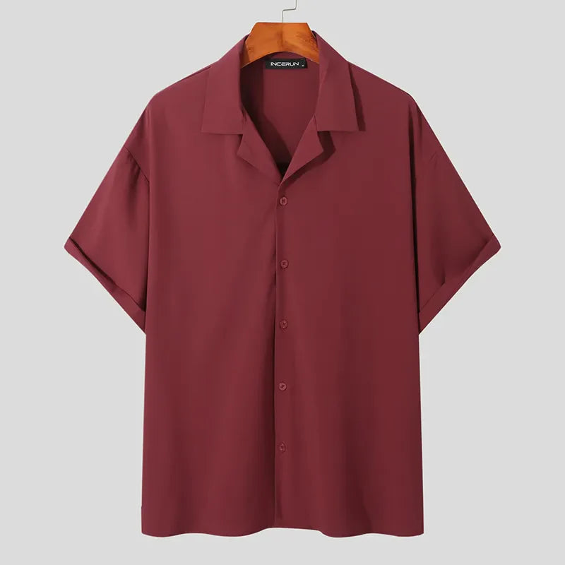 Men Casual Shirt Lapel Short Sleeve Button Streetwear Summer Men Clothing Solid Color Korean Fashion Shirts S-5XL