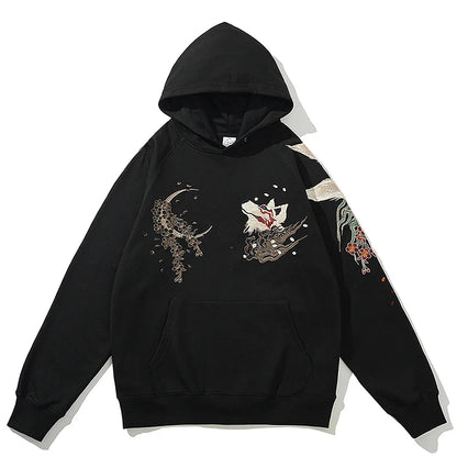 Men Streetwear Fleece Hoodie Sweatshirt Embroidery Flower Chinese Kanji Pullover Winter Harajuku Cotton Hooded Hoodie