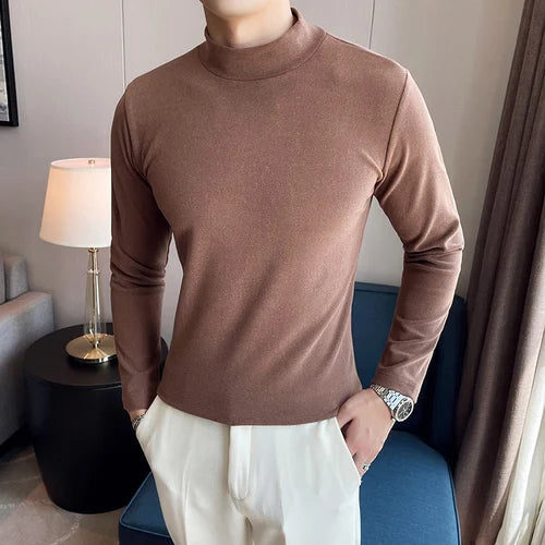 saferido  New Style Male Spring High Quality Slim Casual Long Sleeve T-shirts/Men Fashion High Collar Pure Color Leisure T-shirt 3XL