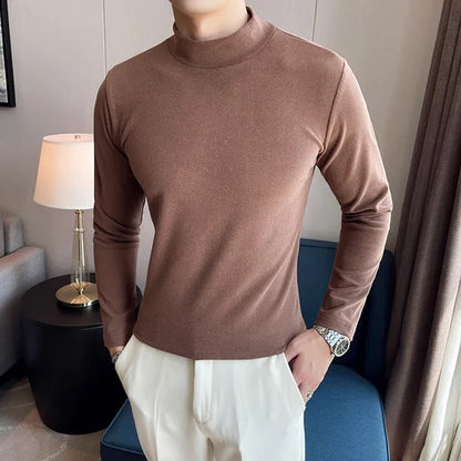 saferido  New Style Male Spring High Quality Slim Casual Long Sleeve T-shirts/Men Fashion High Collar Pure Color Leisure T-shirt 3XL