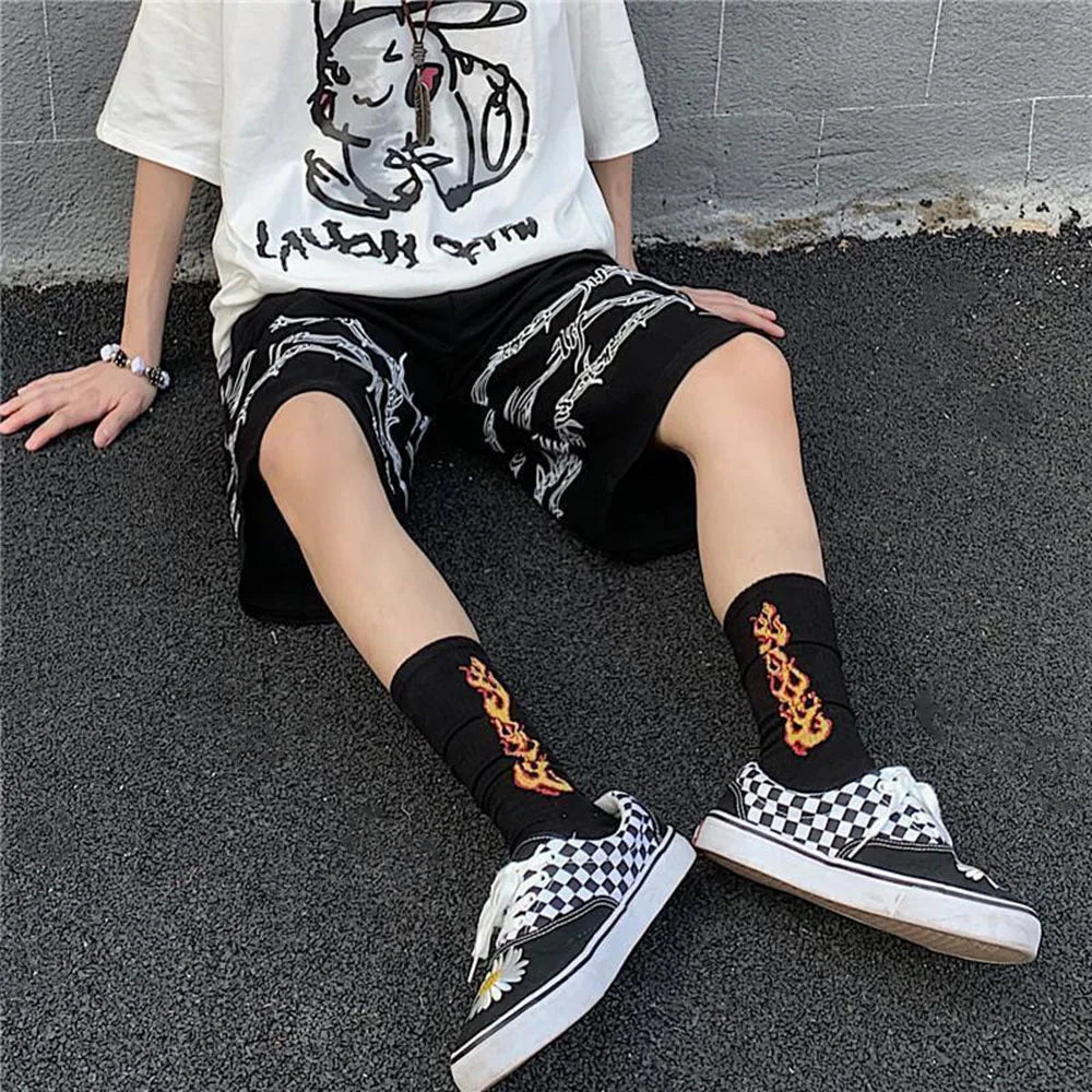 saferido Mens Casual Shorts Summer Hip-Hop Street Harajuku Style Personalized Print Simple Sports Shorts Boys Loose Straight Pants