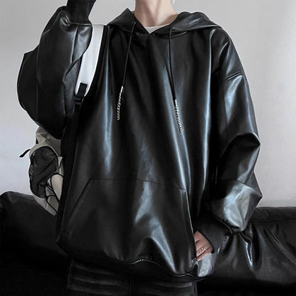 saferido Mens American Biker Y2k Pu Leather Hoodie Genderless Essential Loose Solid Color Trendy Street Hip-Hop Sweatshirt Unisex