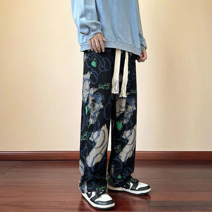 saferido American High Street Casual Pants Men's Tie-dye Bear Graffiti Casual Loose Wide-leg Pants Trendy Brand Niche Mopping Trousers
