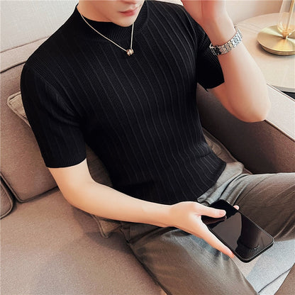 Men's High-End Casual Short Sleeve knitting Sweater/Male High collar Slim Fit Stripe Set head Knit Shirts Plus size S-4XL