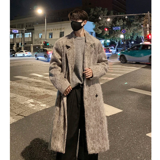 saferido Korean Style Medium-length Men's Trench Autumn Winter High Quality Loose Casual Woolen Coat Trendy Overcoat Khaki/Dark Gray