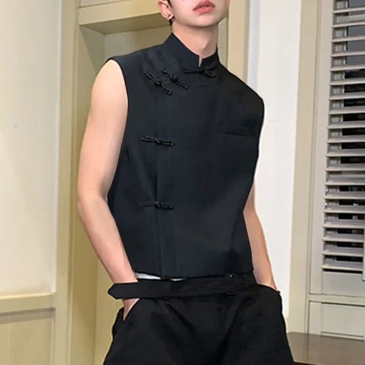 Men Shirt Solid Stand Collar Sleeveless Vintage Chinese Style Knot Button Men Clothing Summer  Casual Vests S-5XL