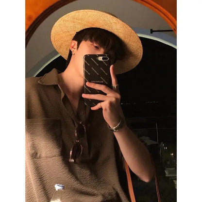 Korean Solid Color Knit Polo Shirt Lapel Short Sleeve T-shirt Men Summer Trend Loose Casual Top Golf Button Polo T Shirt for Men