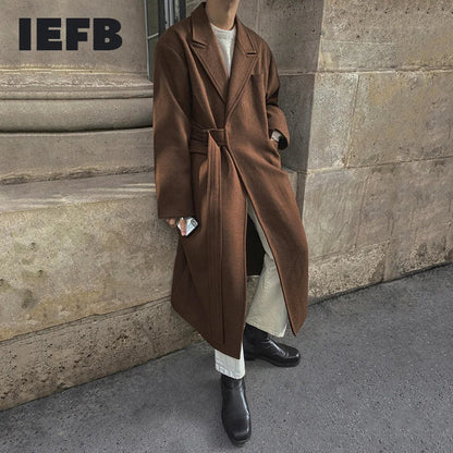 saferido Men's And Mixtures Coat Autumn Winter Mid Long Thickened Korean Trend Loose Overcoat Male New Bandage Waist